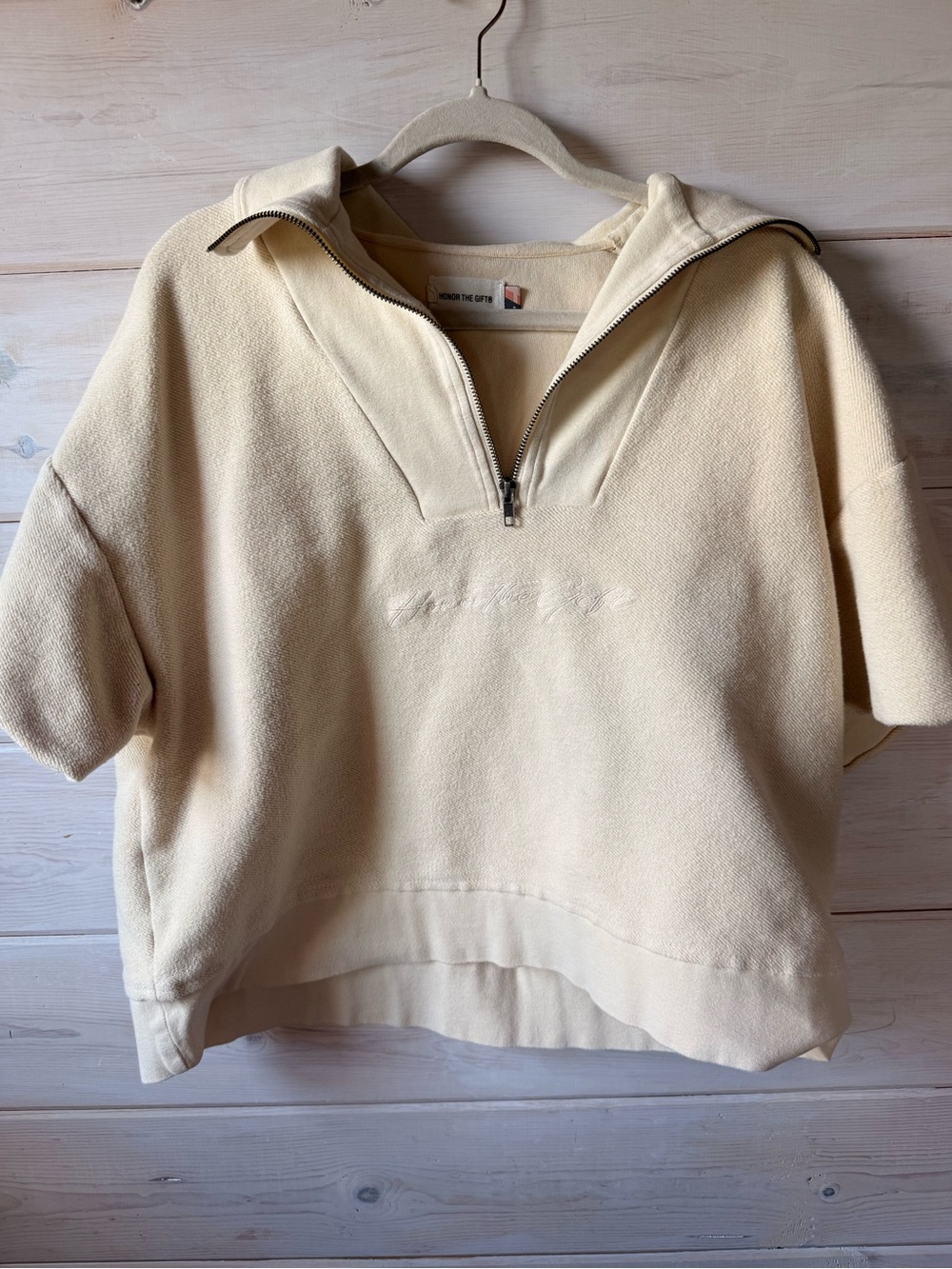 Half-Zip Hooded Short Sleeve Sweatshirt - Cream